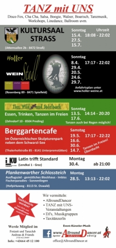 TANZ mit UNS Flyer  Tanzen im Freien Tierpark,  Berggartencafe , Plankenwarther Schloßteich, Holler,Kultursaal Strass Homepage..